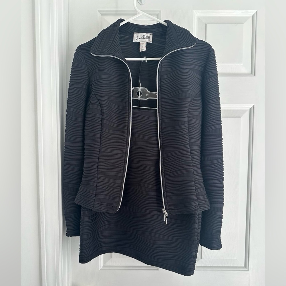 Joseph Ribkoff Black Ribbed Suit Jacket and Skirt